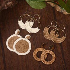 4 Pairs Handmade Raffia Rattan Bohemian Round Drop Dangle Earrings for Women
